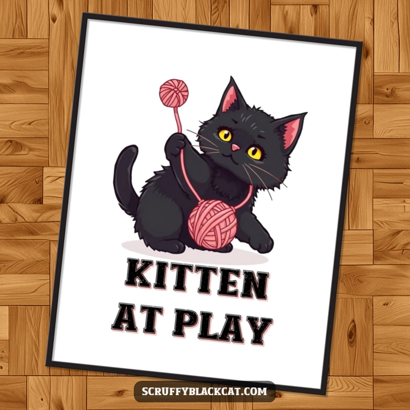 Funny Poster: Scruffy black cat playfully batting at a dangling yarn ball, humorous wall art for cat enthusiasts.