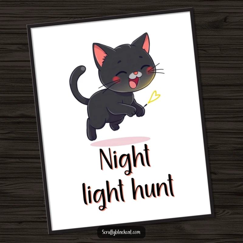 Funny poster print of a playful black cat chasing a tiny, flickering firefly, perfect for adding whimsical decor.