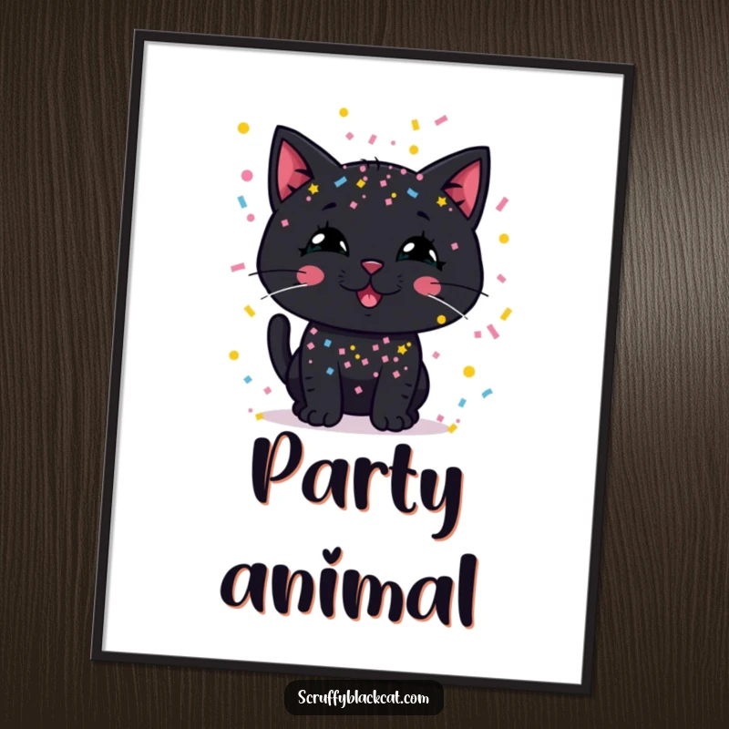 Funny poster art featuring a black cat with a silly grin, enthusiastically covered in confetti.