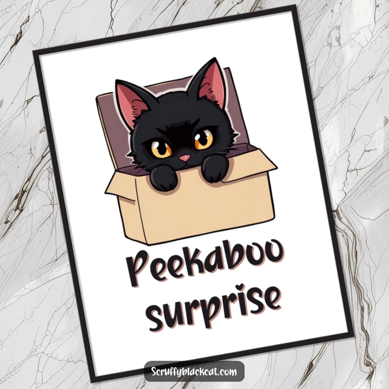 Funny Cat Poster featuring a mischievous black cat peeking from a shadowy box, eyes gleaming, adding mysterious allure.