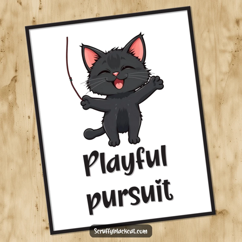 Funny Cat Poster featuring a scruffy black cat joyfully batting a dangling string, bringing playful energy to any space.