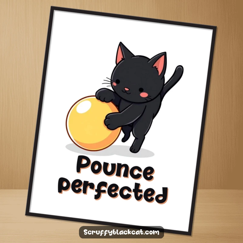 Funny cat poster featuring a black cat in a dynamic pounce over a bright, bouncy ball, capturing movement.