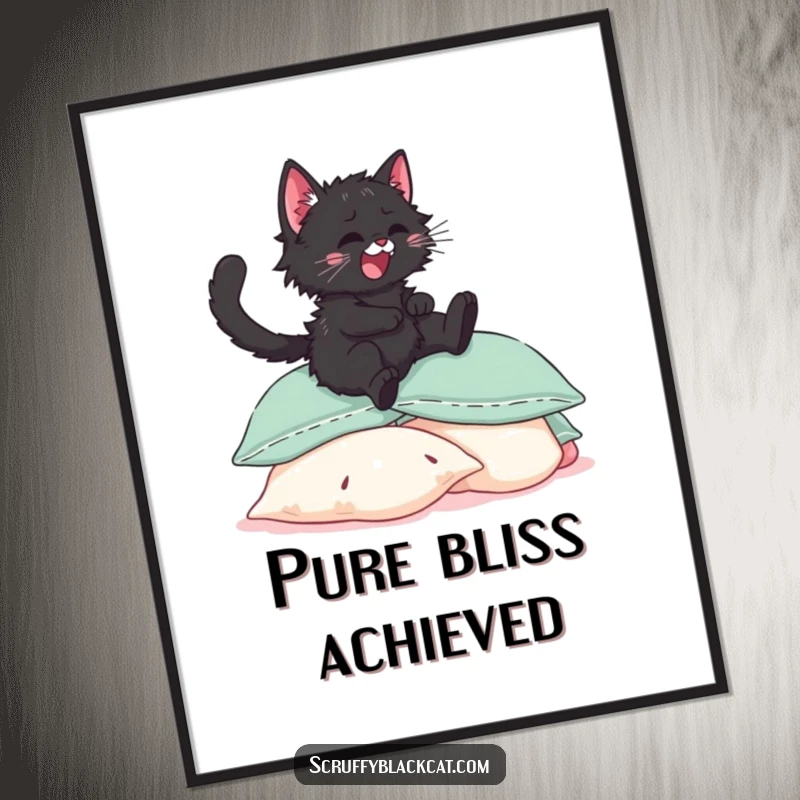 Funny scruffy black kitten poster, depicted in mid-leap, heading towards a delightful pile of plush, soft pillows.