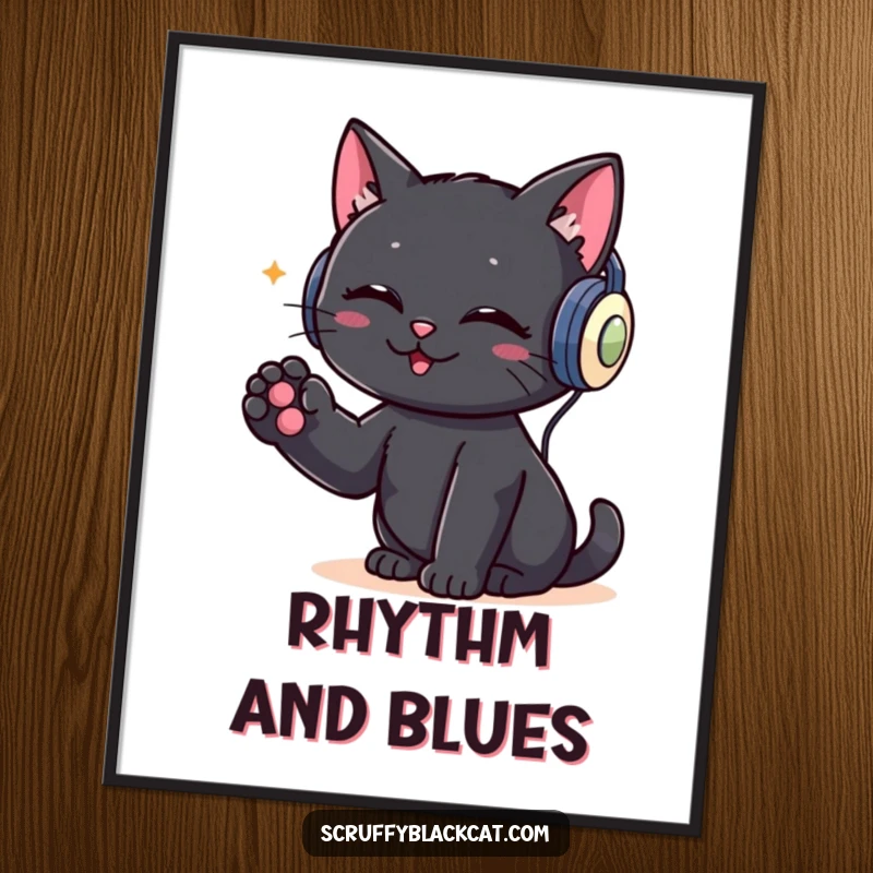 Funny poster print of a black cat wearing headphones and rhythmically tapping its paw, exuding a cool, music-loving vibe.