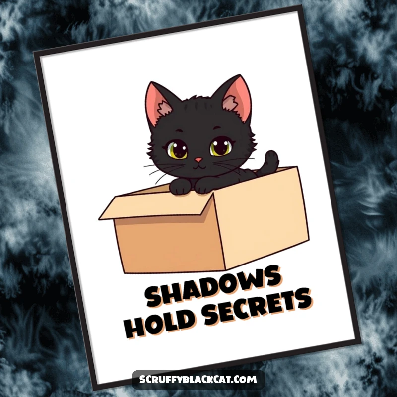 Funny poster art of a mischievous black kitten peeking from the shadows of a dark box, capturing playful curiosity.
