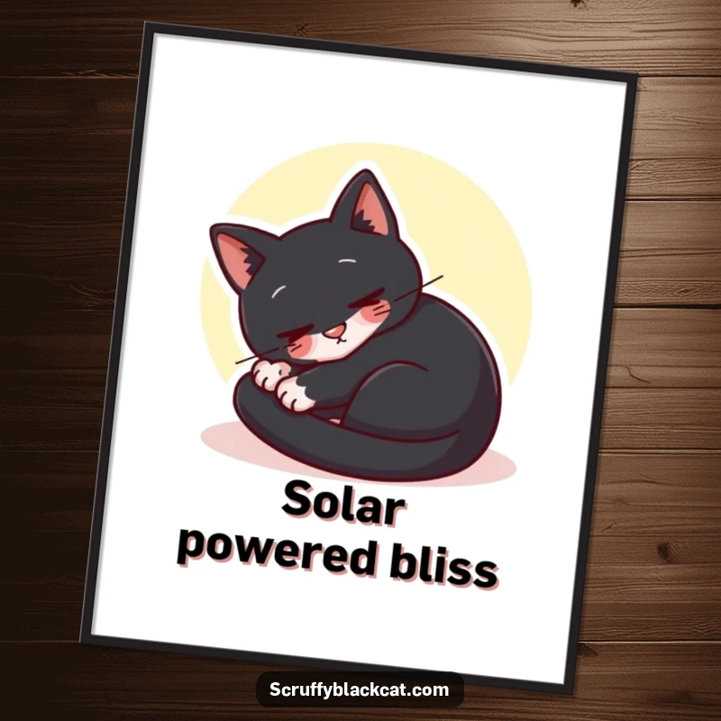 Funny black cat poster depicting a cat curled up purring contentedly in a sunbeam, serene and humorous wall art.