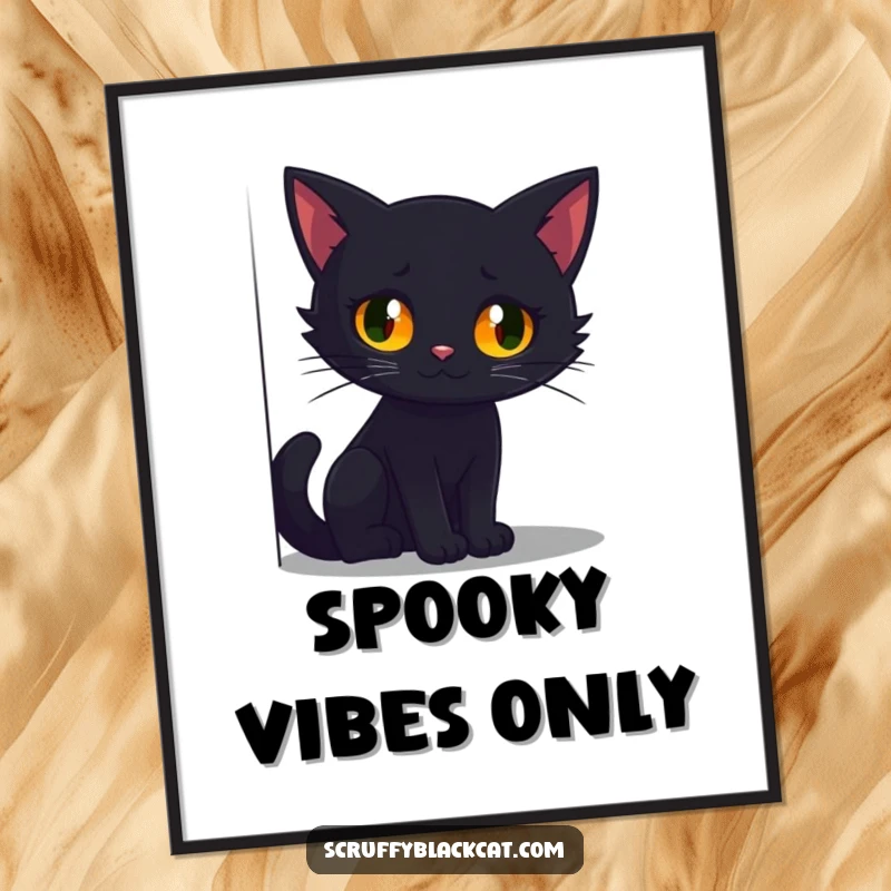 Funny poster art depicting a black cat with sharp, glowing eyes peering from the deep shadows of a mysterious corner.