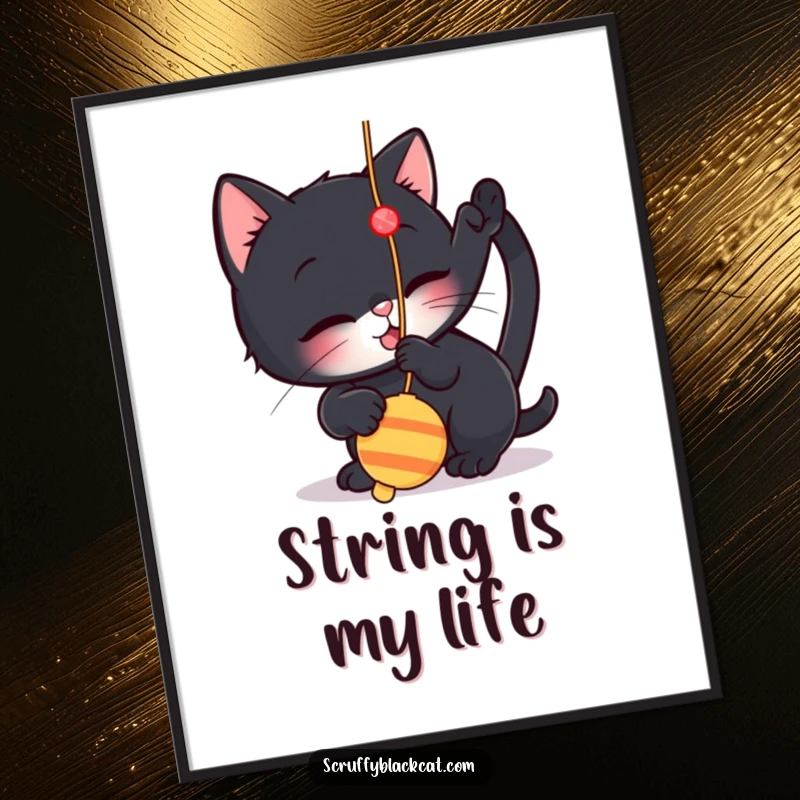 Funny poster art of a small black cat playfully batting at a dangling string toy, bringing charming feline energy to walls.