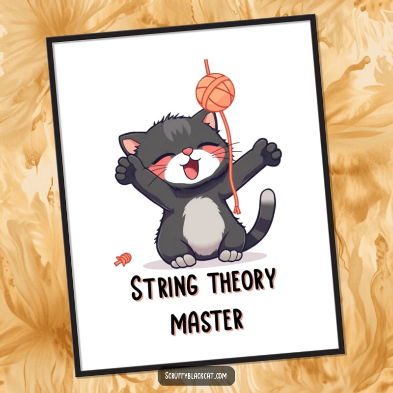 Funny scruffy black cat poster, batting a dangling yarn ball, eyes full of delight, humorous wall art.