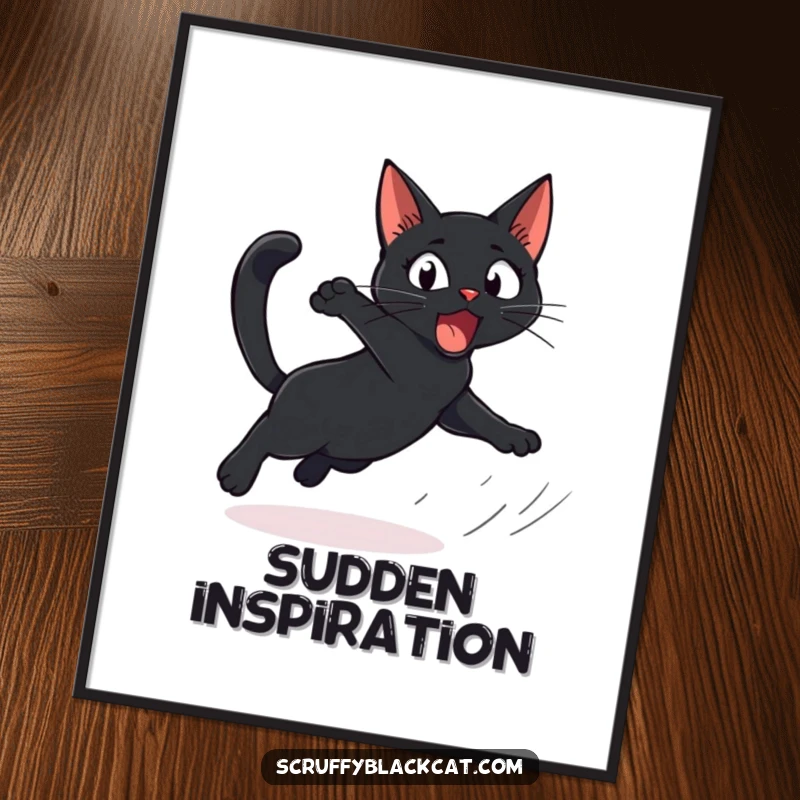 Funny Cat Poster featuring a startled black cat comically leaping, creating instant, humorous wall art full of surprise.