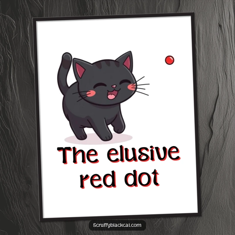 Funny black cat in full motion, intensely focused on a red laser pointer dot, captured on a poster.
