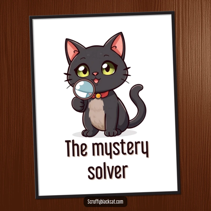 Funny black cat investigator poster, holding a magnifying glass, looking upwards with a determined expression, adding a humorous touch to wall art, a perfect gift.