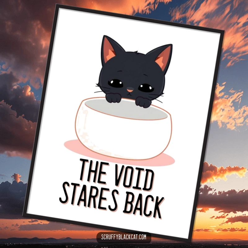 Funny black cat poster depicting a cat meowing at an empty food bowl, ideal humorous wall art for kitchens.