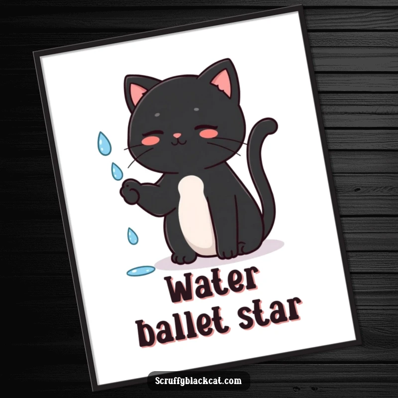 Funny Cat Poster depicting a black cat sitting upright, playfully batting at a single falling raindrop, adding whimsical charm to wall decor.
