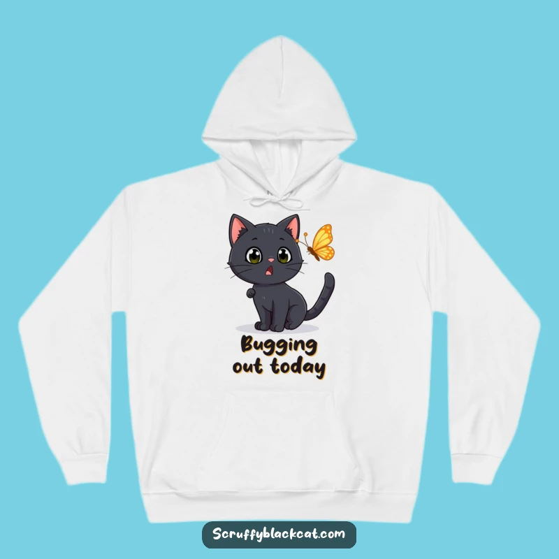 Funny Surprised Cat Hoodie: Cozy Black Cat Chasing Butterfly, Warm Funny Gift