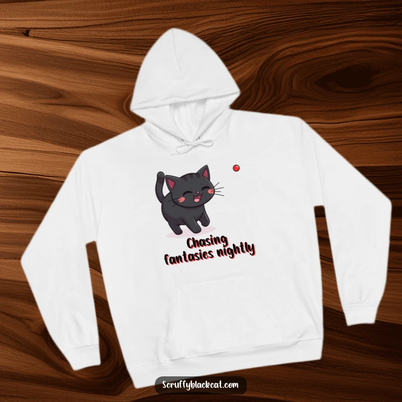 Funny black cat enthusiastically chasing a red laser dot, printed on a warm and comfortable hoodie.