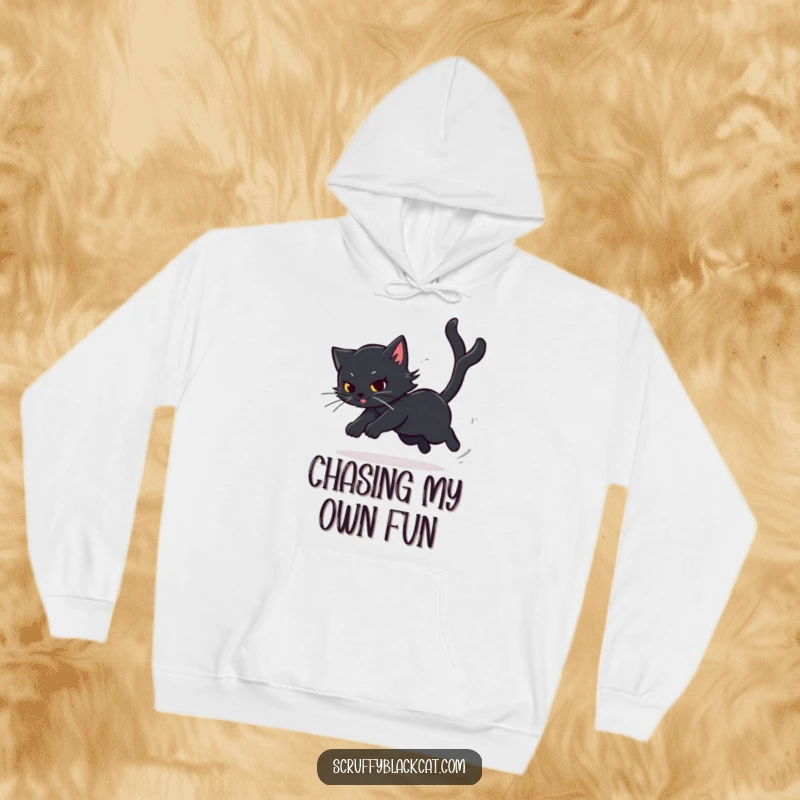 Funny Cat Hoodie with a black cat chasing its tail in a dizzying, playful frenzy, offering comfort and humor, a great funny gift.