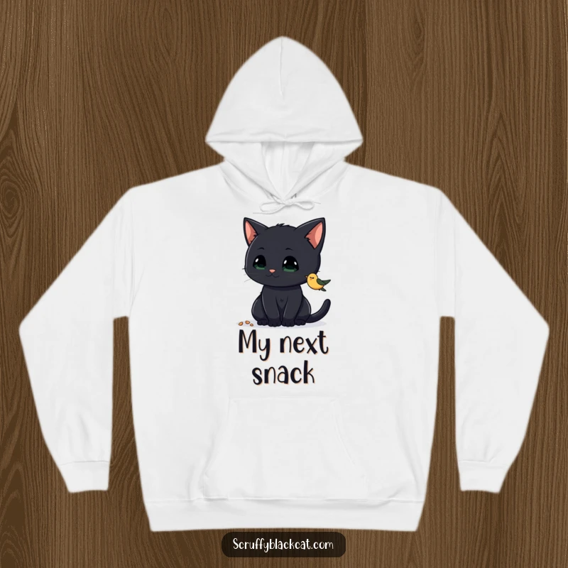 Funny Cat Hoodie with a curious black cat with perked ears, intently watching birdseed, offering comfort and humorous feline focus, a great funny gift.