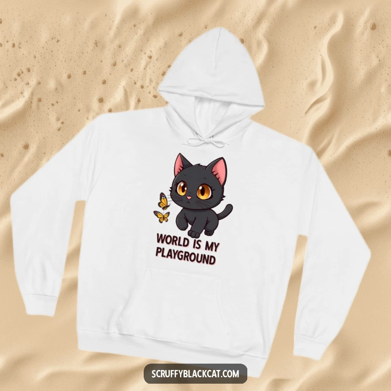 Funny black cat with curious eyes chasing a butterfly, printed on a warm, cozy hoodie.