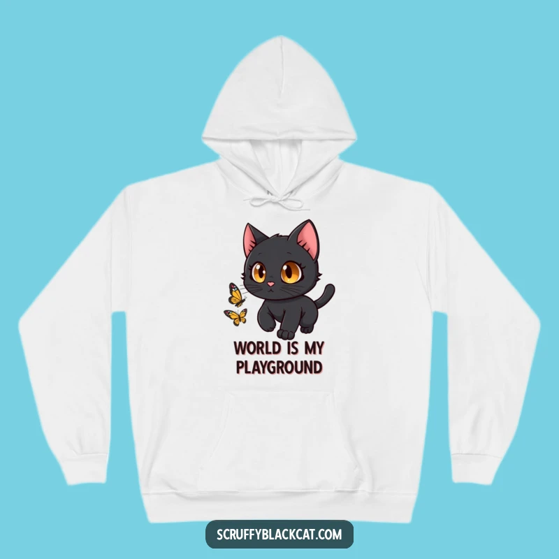 Cozy Funny Black Cat Butterfly Chase Hoodie: Warmth and Laughter Guaranteed!