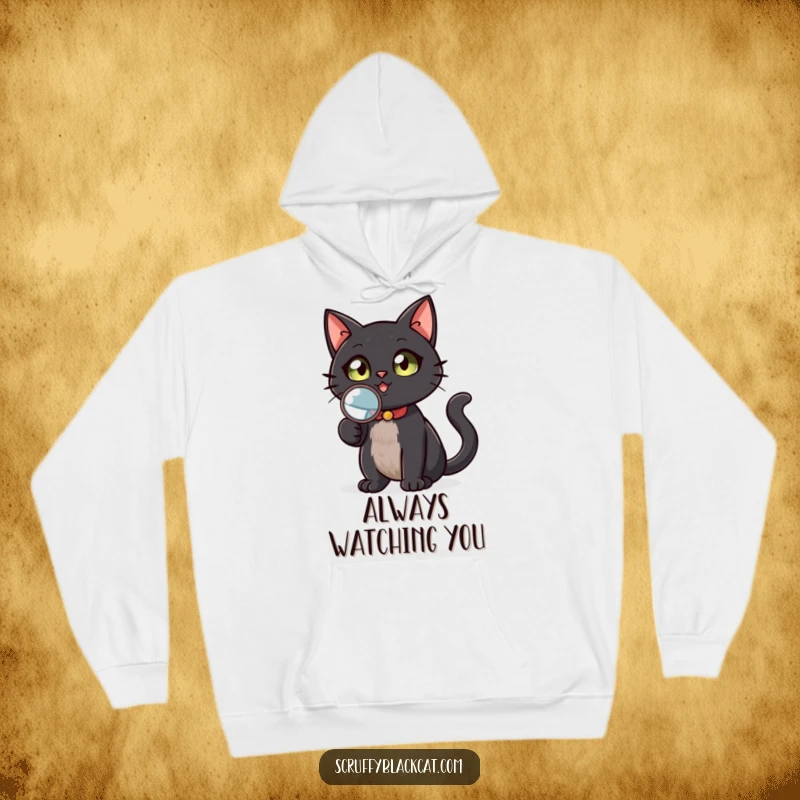 Funny black cat detective hoodie, holding a magnifying glass, looking up inquisitively, exuding a charming Sherlock Holmes vibe, a warm and funny gift.