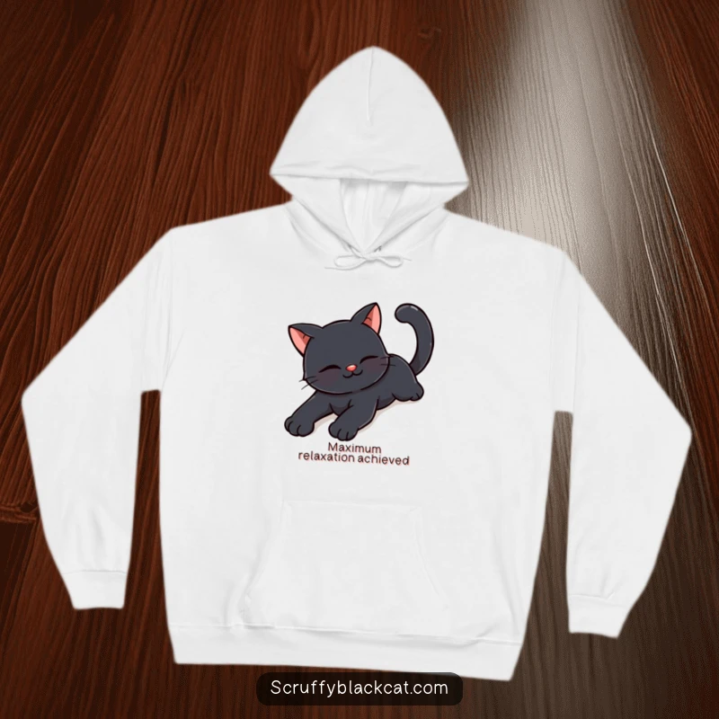 Funny happy black cat hoodie depicting a cat stretching with a contented smile, perfect for ultimate cozy comfort.
