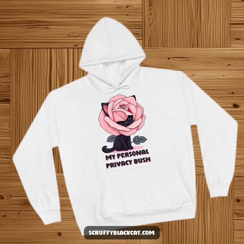Funny black cat hoodie with a shy cat peeking from behind a detailed gothic rose, offering warmth and a touch of dark, humorous style.