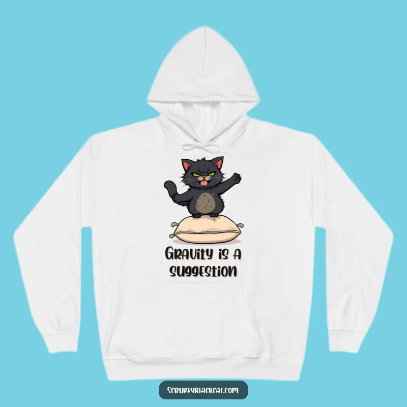 Funny Acrobat Cat Hoodie: Cozy Black Cat Leaping Over Cushion, Warm Funny Gift