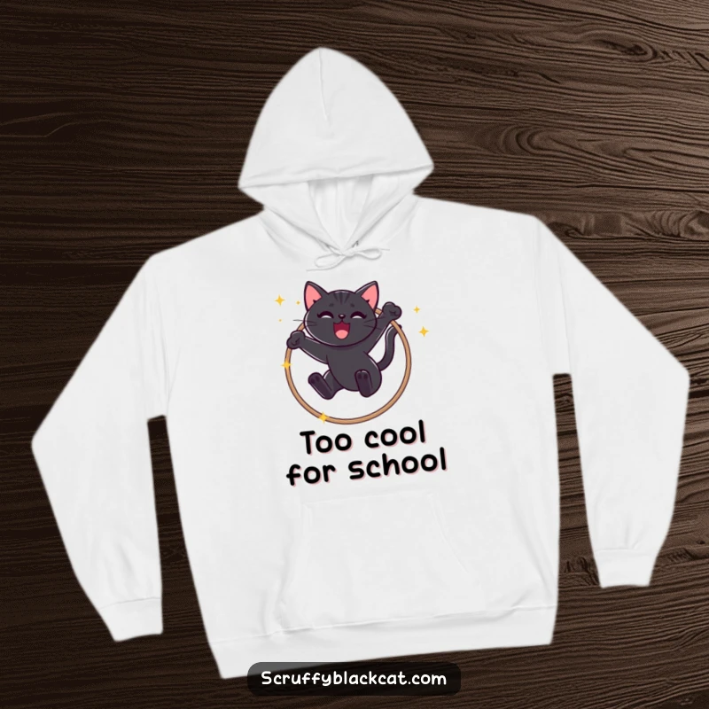 Funny Black Cat Hoodie: Cozy sweatshirt featuring a mischievous cat leaping through a sparkling hoop with a victorious meow.