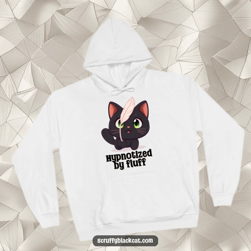Funny cat hoodie featuring a black cat with wide, amazed eyes watching intently at a floating feather.