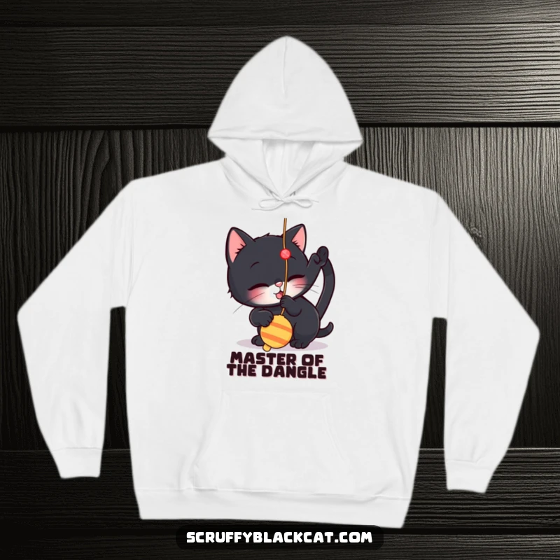 Funny hoodie depicting a small black cat playfully batting at a dangling string toy, offering warmth and feline charm.
