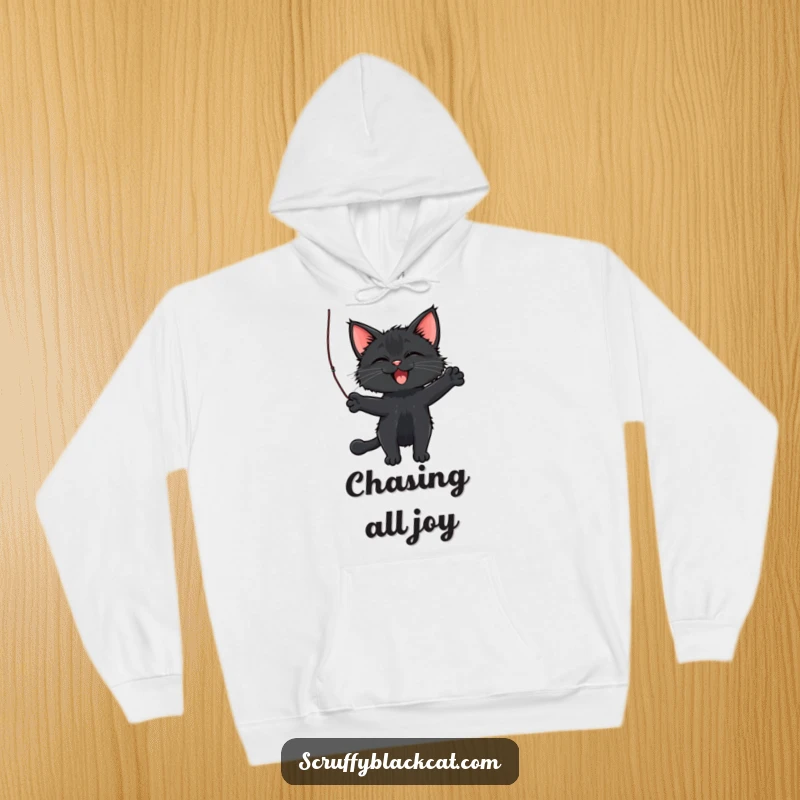 Funny Cat Hoodie featuring a scruffy black cat joyfully batting at a dangling string, perfect for cozy, playful moments.
