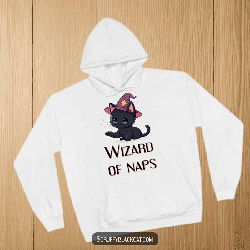 Funny cat hoodie featuring a black cat in a wizard hat conjuring a sparkly puff, emphasizing cozy magic.