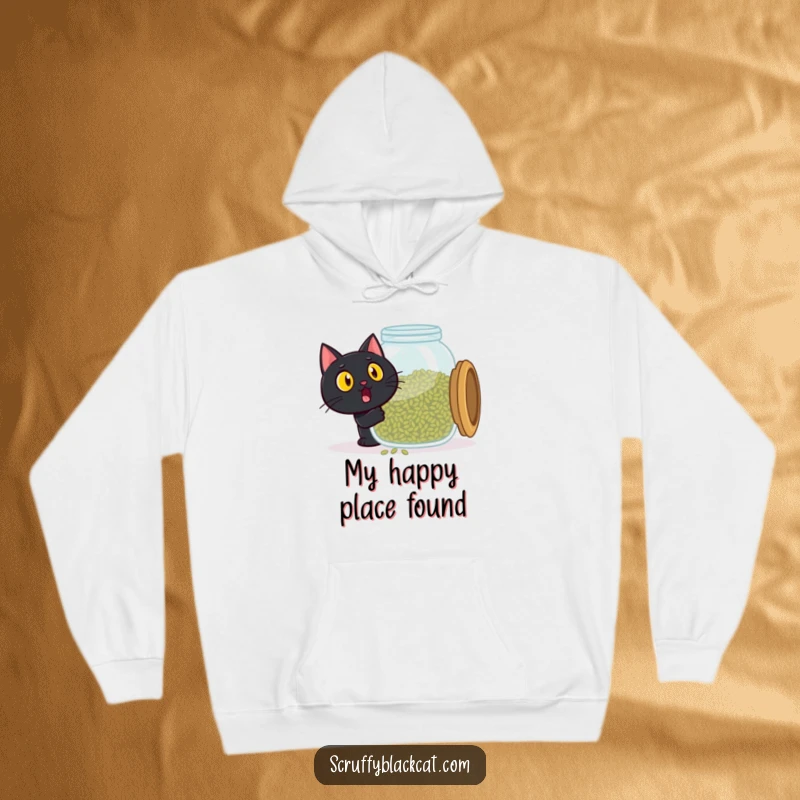 Funny black cat hoodie, surprised expression opening large catnip jar, pure delight, warm and hilarious funny gift.