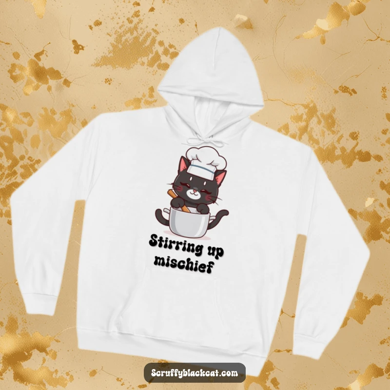 Funny hoodie with a mischievous black cat in a chef hat stirring a pot, offering warmth and humorous cooking vibes.