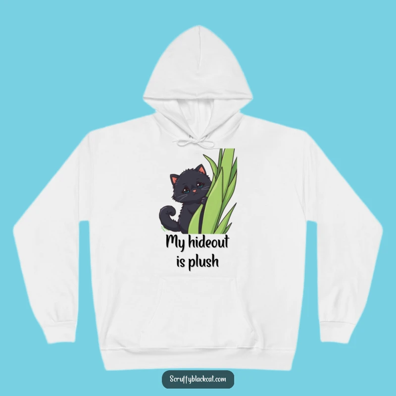 Funny Peek-a-Boo Cat Hoodie: Fluffy Black Cat Behind Plant, Cozy Funny Gift