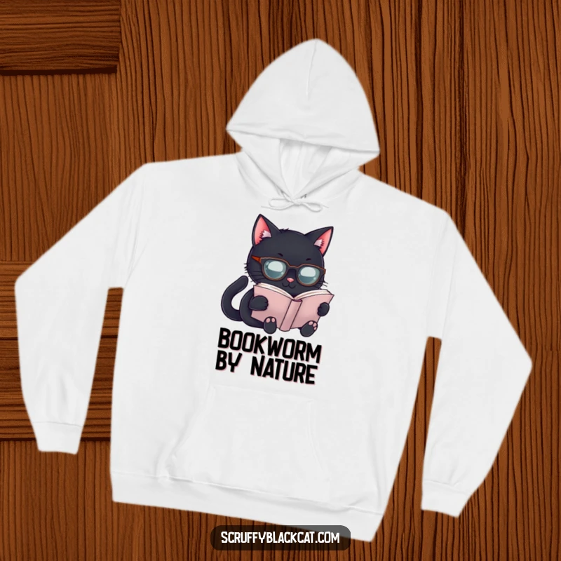 Funny Scholar Cat Hoodie: A black cat wearing spectacles reads intently, a cozy and funny gift.
