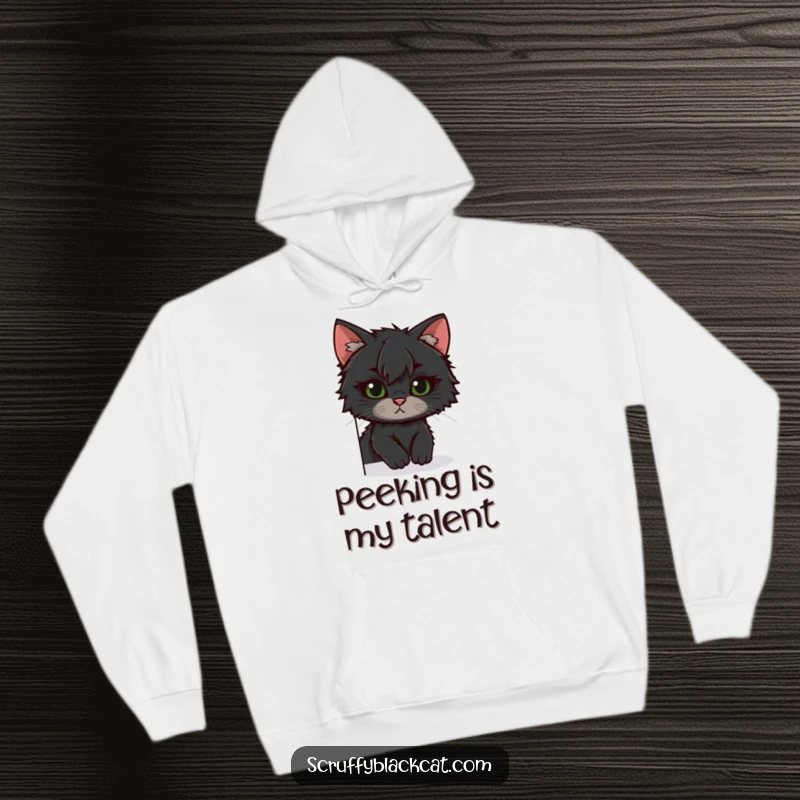 Funny scruffy black cat hoodie, peeking with one ear askew, radiating curiosity, a warm and hilarious gift for cat lovers.