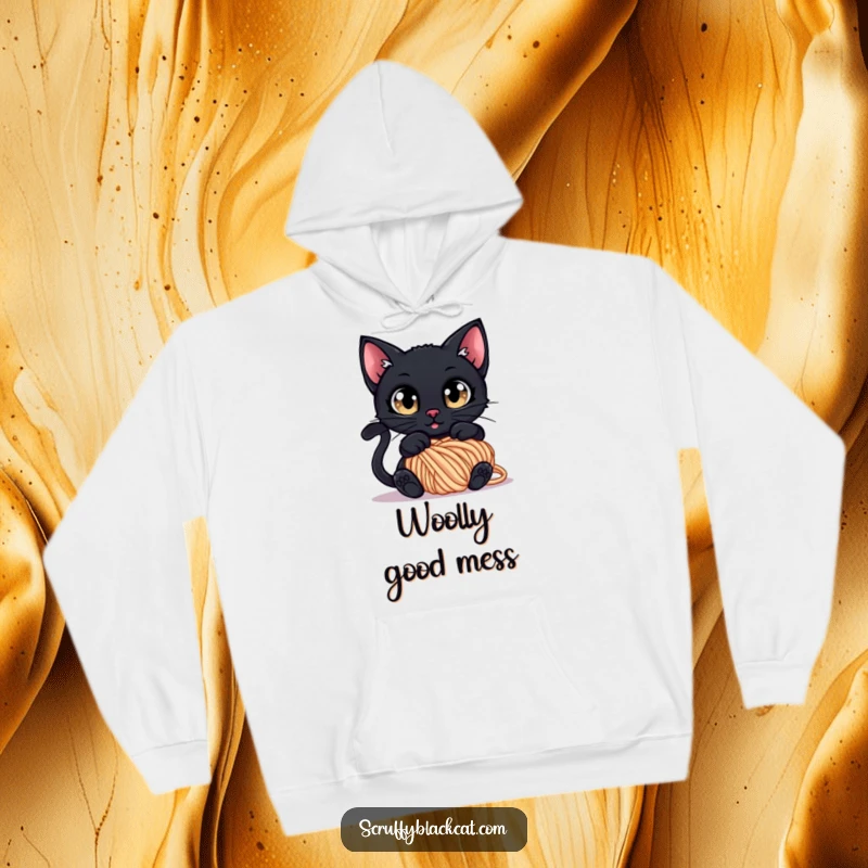Funny Hoodie: A black cat with wide, curious eyes tangled in a ball of yarn, expressing charming confusion.
