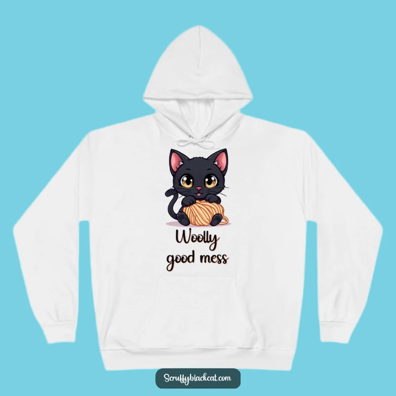Funny Tangled Cat Hoodie: Cozy Black Cat in Yarn, Warm Funny Gift