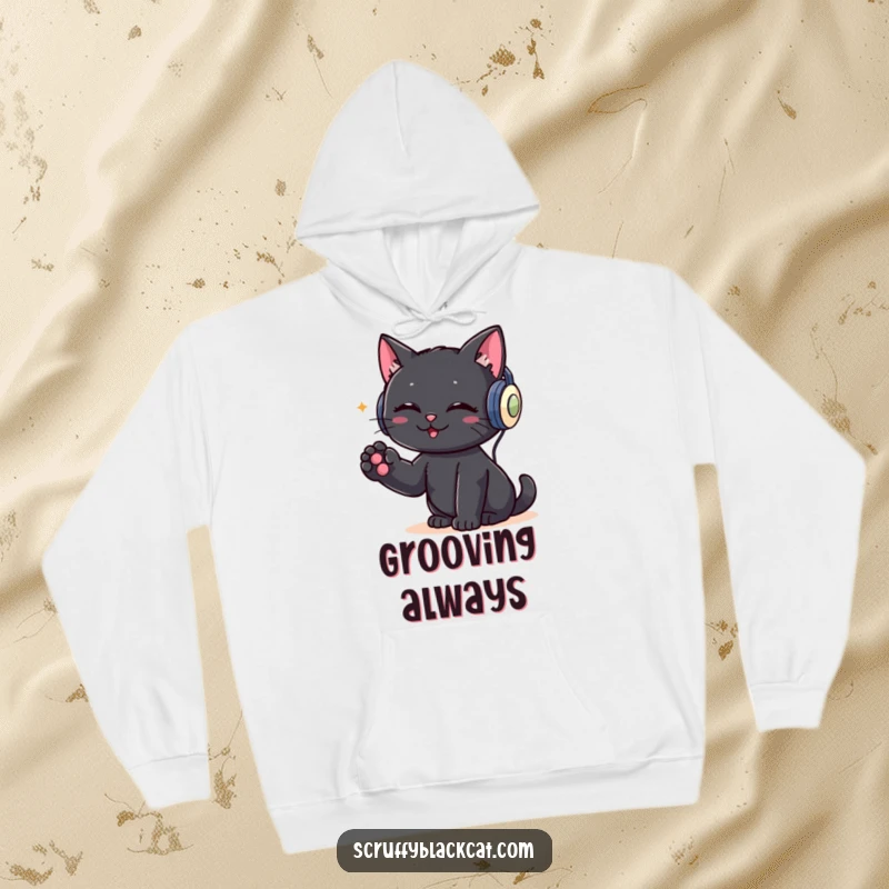 Funny hoodie design of a black cat wearing stylish headphones, its paw tapping enthusiastically to the rhythm, radiating cool vibes.