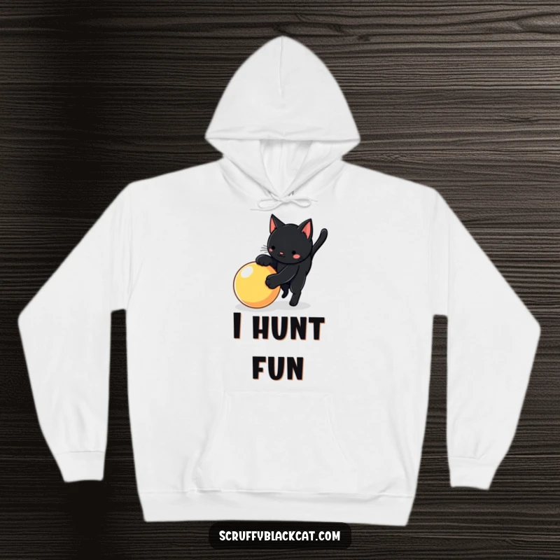 Funny cat hoodie featuring a black cat in a playful pounce towards a bouncy ball, emphasizing cozy energy.