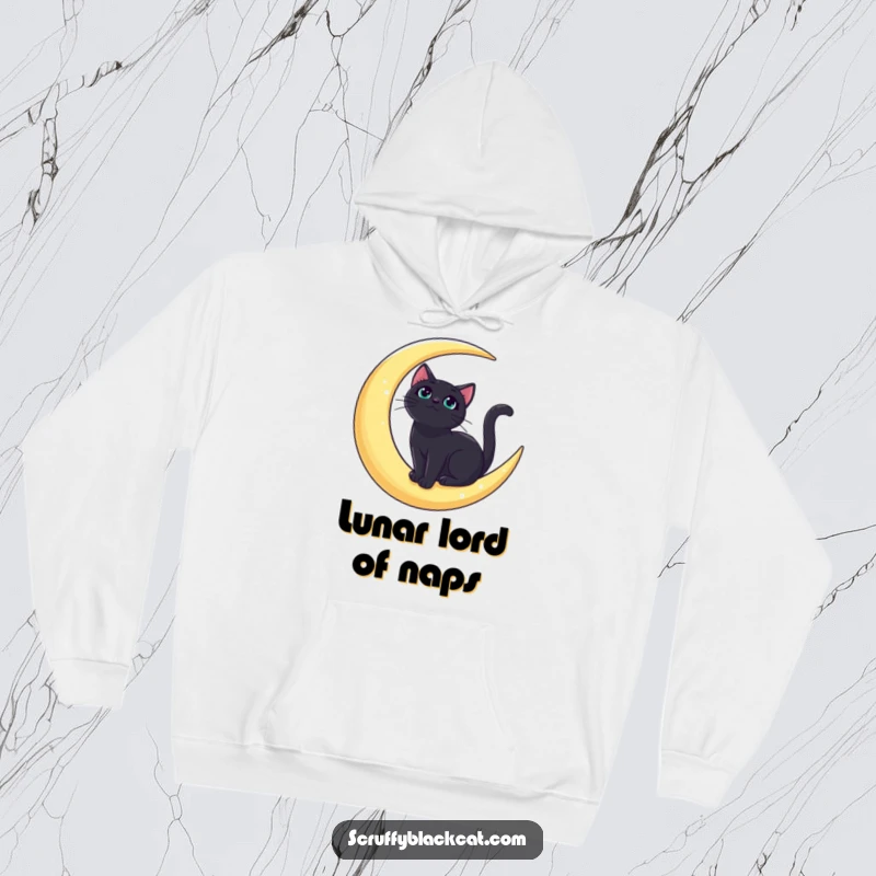 Funny bold black cat hoodie with a regal feline sitting on a crescent moon, gazing upwards, offering warmth and style.