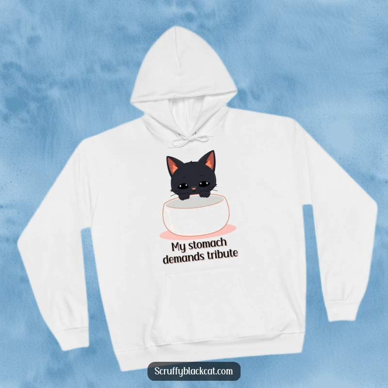 Funny black cat hoodie illustrating a cat meowing at an empty food bowl, perfect for cozy humor and cat lovers.