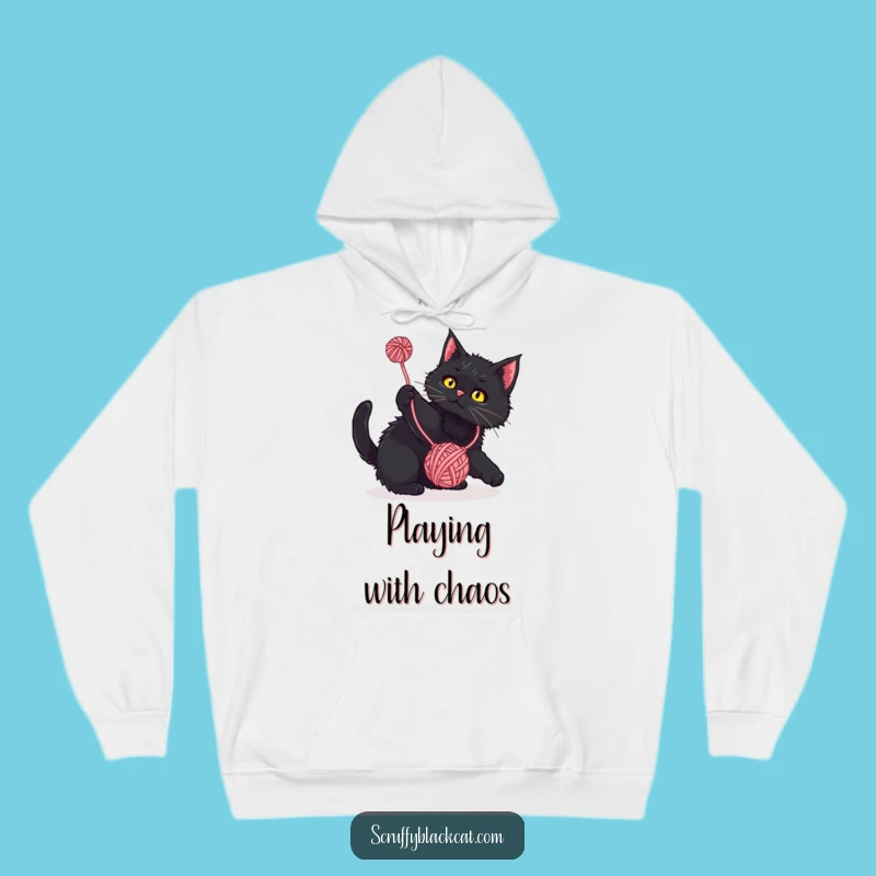Funny Cat Hoodie: Playful Black Cat and Yarn, Cozy Feline Gift