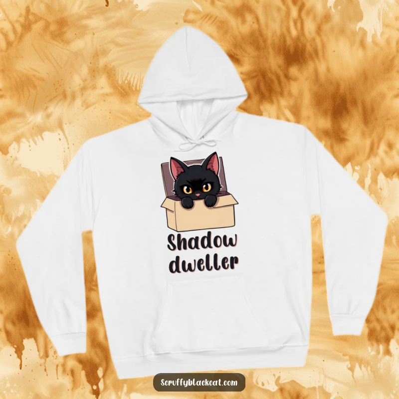 Funny Cat Hoodie featuring a mischievous black cat peeking from a shadowy box, eyes gleaming, perfect for cozying up with intrigue.