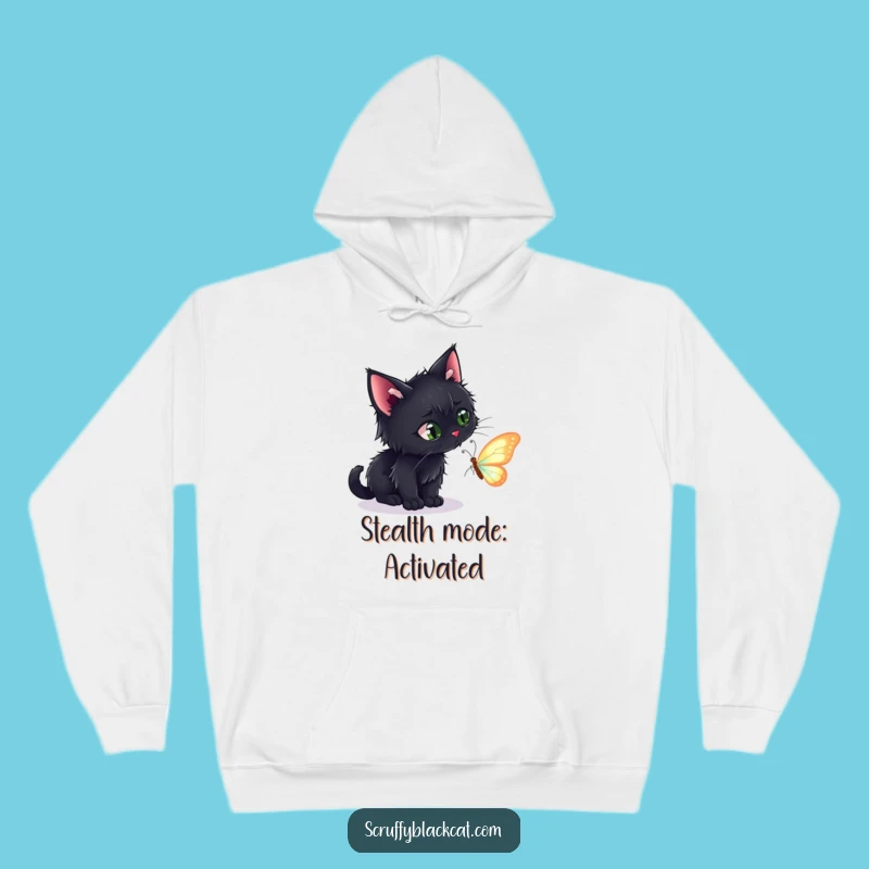 Cozy Funny Black Cat Stalking Butterfly Hoodie - Warm & Humorous Pet Lover Apparel