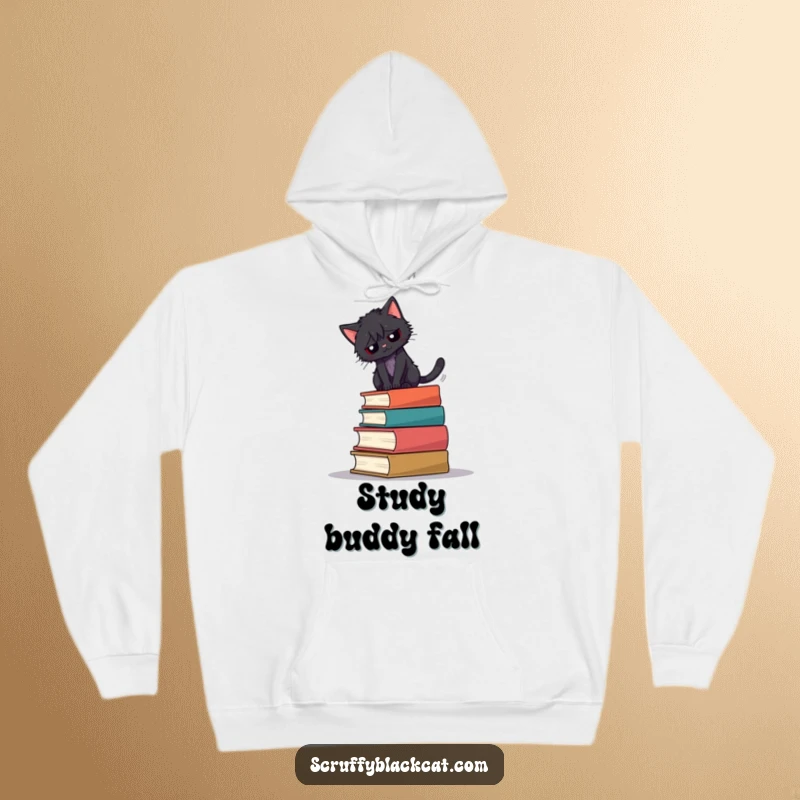 Funny hoodie: A scruffy black cat precariously teeters on a stack of books, looking focused.