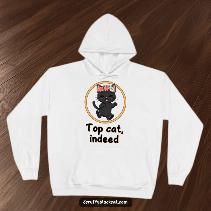 Funny black cat in a flower crown performing a hoop jump, displayed on a comfortable hoodie, ideal for cat lovers seeking humor.