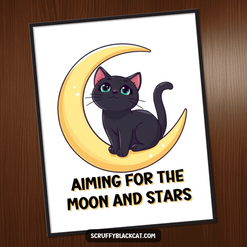 Free Printable Wall Art: A bold black cat perched regally on a crescent moon, gazing mystically upwards.